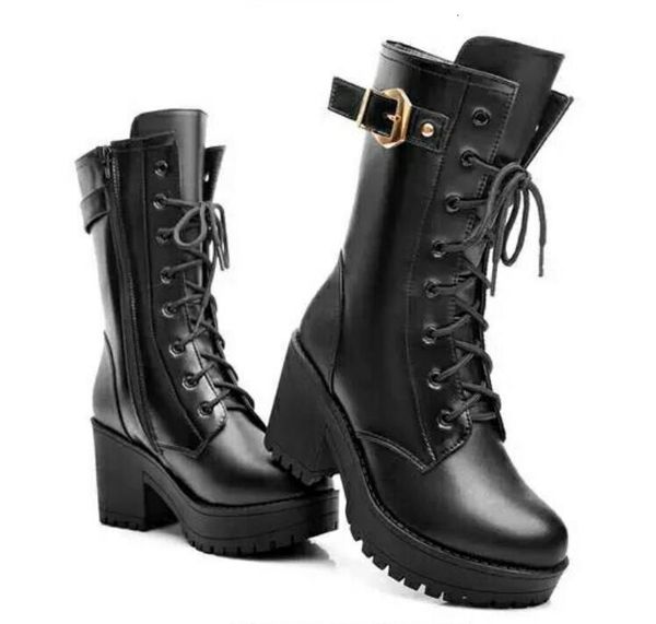 

slippers leather martin ladies shoes autumn winter versatile platform chunky heel belt buckle ankle boot england large middle boots f0zp, Black