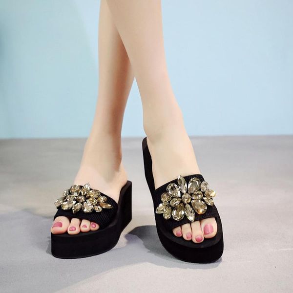 

rhinestone women slippers flip flops 2021 summer crystal diamond bling beach slides platform sandals casual shoes size 35-41, Black