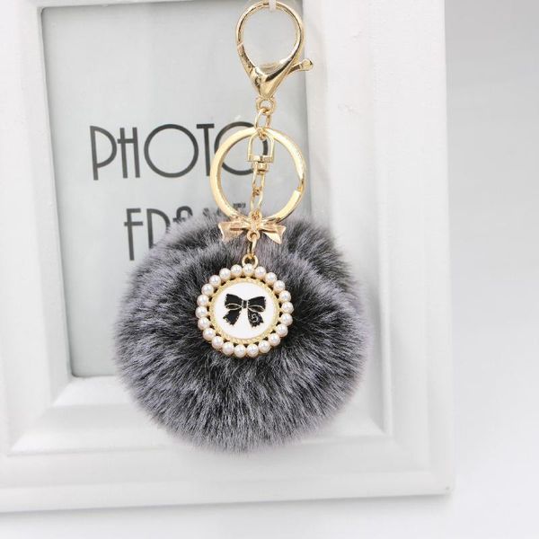 

keychains 8 cm faux fur pompon diy keychain bag ball gold buckle circular bow with pearl pendant pom poms black, Silver