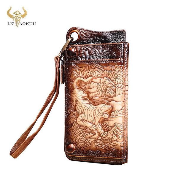 

wallets fashion male quality real leather design tiger emboss checkbook chain zipper pocket wallet purse clutch phone sleeve men 001, Red;black
