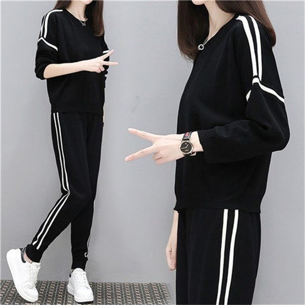 

Women' plus size Tracksuits Fat Mm Sportswear Autumn and Winter 2021 Large Slim Splicing Round Ne Long Sleeve Sweater Two Piece Suit for Women, Black two piece set
