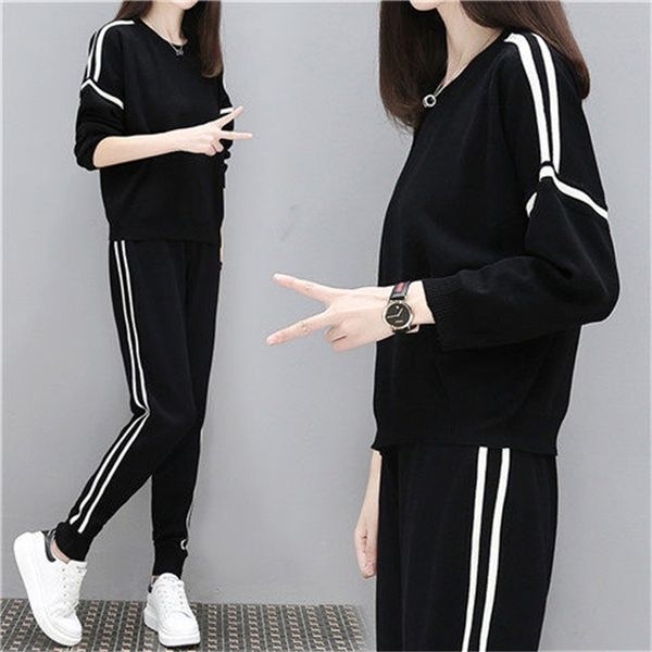 

Women' plus size Tracksuits Fat Mm Sportswear Autumn and Winter 2021 Large Slim Splicing Round Ne Long Sleeve Sweater Two Piece Suit for Women, Black two piece set