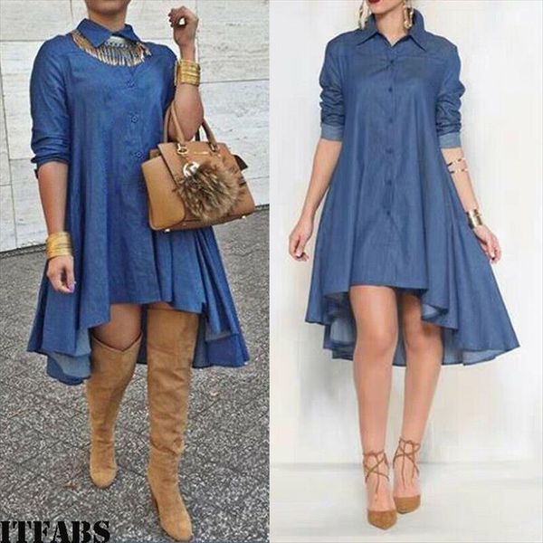 

summer blue denim shirt womens dress long sleeve casual loose mini, Black;gray