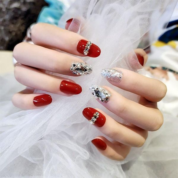 

false nails 24pcs rhinestone inlaid nail patch glue type removable long paragraph fashion manicure save time faux ongles, Red;gold