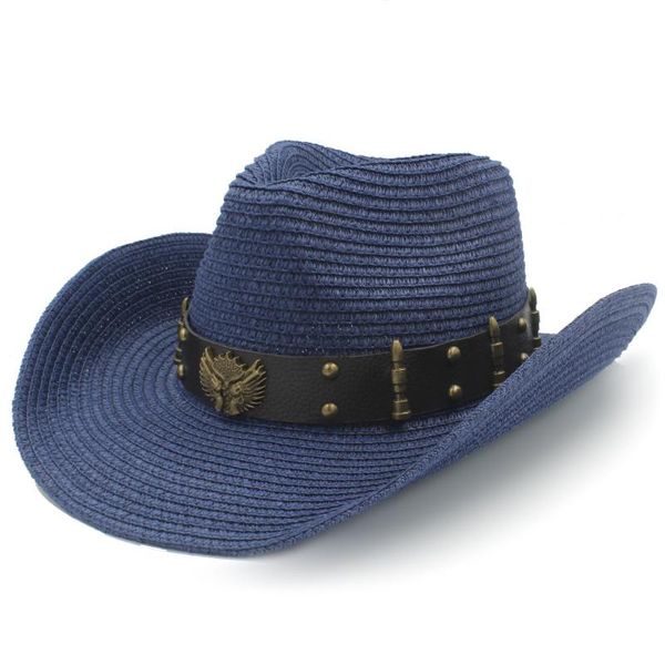 

cloches straw women men western cowboy hats for summer gentleman outdoor sombrero hombre beach sun cap size 56-58cm, Blue;gray