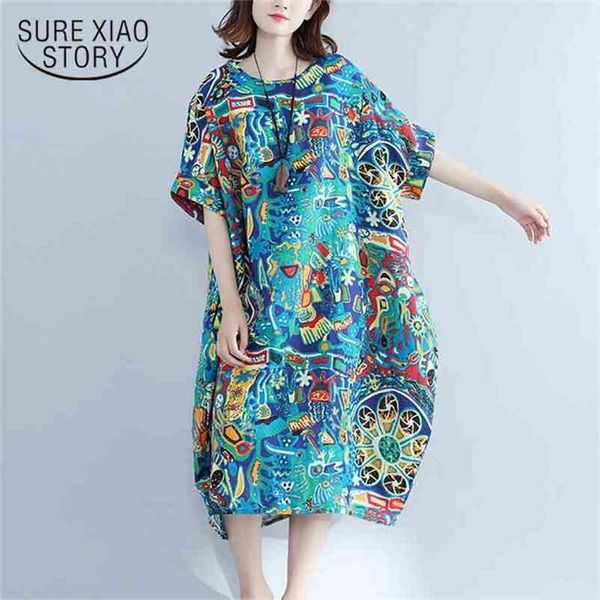 

floral print women dress summer short sleeve loose plus size female simple vintage ladies es 0414 40 210506, Black;gray