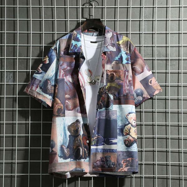 

men's casual shirts shirtfashion brand bear print short sleeve men's loose lapel summer coat fashion couple shirt z0ej, White;black