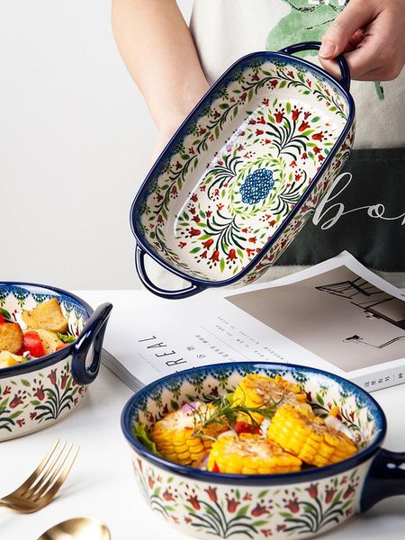 

bowls pastoral style binaural soup bowl ceramic oven plate creative nordic tableware hand handle baking salad cl90403