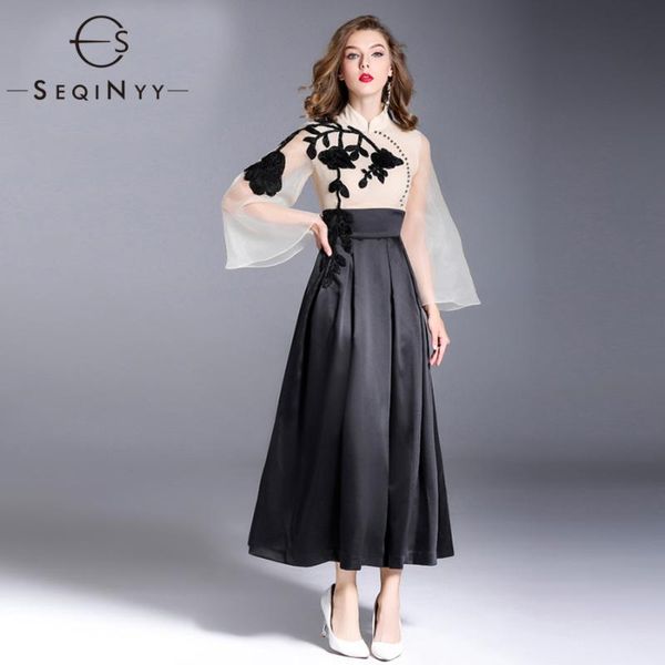 

casual dresses seqinyy vintage dress beaded applique black flowers organza 3/4 flare sleeve beige spliced a-line 2021 early autumn, Black;gray