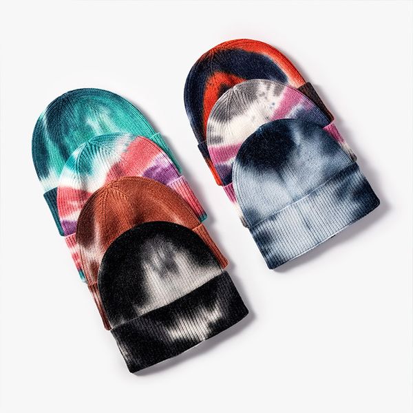 

fashion tie dye warm knitted brimless hat women men autumn winter beanies hip hop skullies cap fmale casual bonnets, Blue;gray