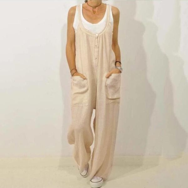 

women's jumpsuits & rompers oversize 2021 brand women casual loose cotton linen solid pockets jumpsuit overalls wide leg cropped pants, Black;white