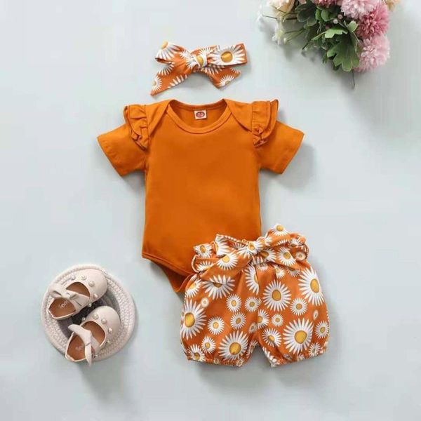 

rompers toddler baby girls summer solid short sleeve + floral print shorts headband born outfits ropa para niÃ±a vetement fille, Blue