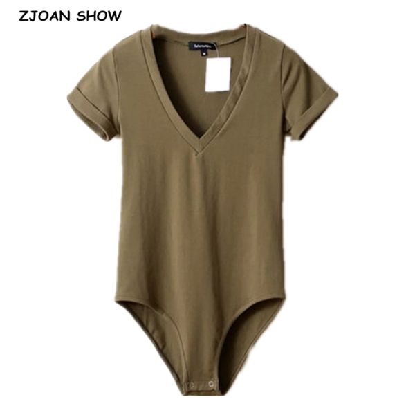 

v neck short sleeve jersey bodysuit woman tight jumpsuit slim fit rompers playsuits 6 colors 210429, Black;white