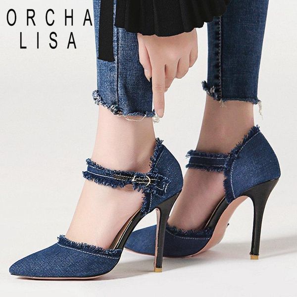 

dress shoes orcha lisa spring summer jeans pumps buckle slip on high heels blue denim party for woman stilettos big size 43, Black