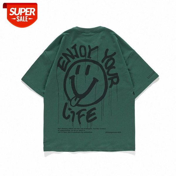 

japanese round neck t-shirt letter smiley print casual short-sleeved loose half-sleeved shirt #u796, White;black