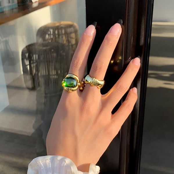 

cluster rings vintage boutique emerald for lady  brass base gold plated green zc stone bamboo finger women, Golden;silver
