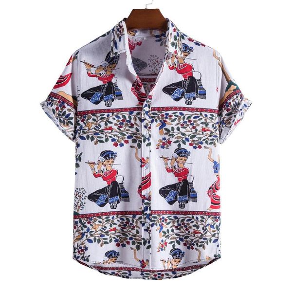 

men's casual shirts character ethnic printed patchwork lapel short sleeves shirt loose basic streetwear ropa de hombre 2021, White;black