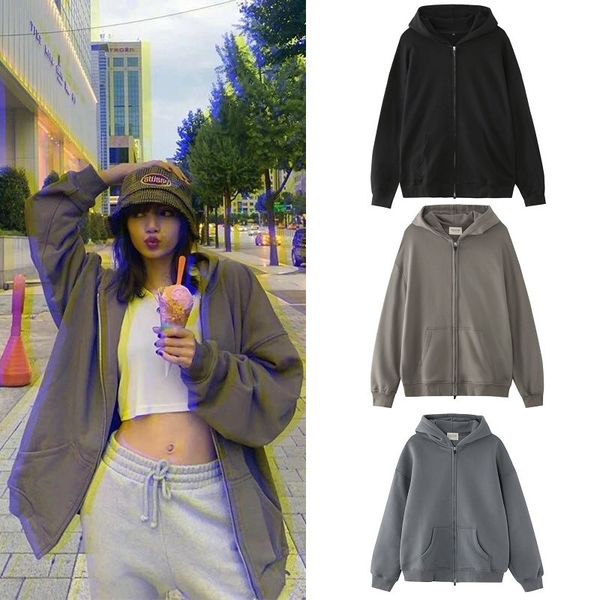 

same fog god grey cardigan with cashmere and double zipper hooded men's and women's sweater, Black