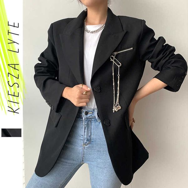 Runway Moda Preto Jaqueta Blazer Prata Metal Corrente Manga Longa Tendência Casual Blazers Casaco Mulher Outwear Primavera 210608