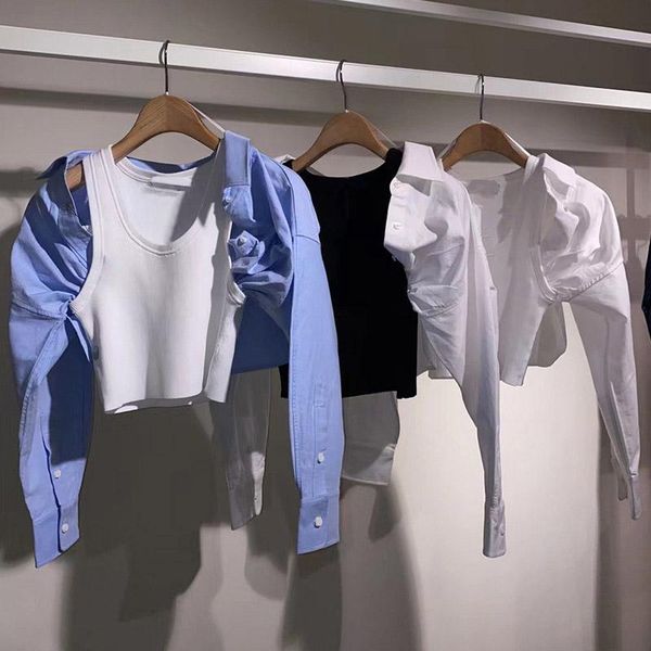

women's blouses & shirts women shirt 2021 autumn round neck fake two-piece splicing, White
