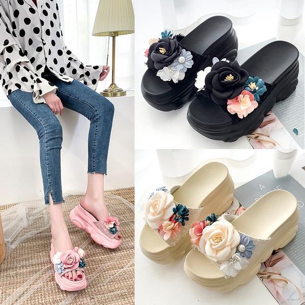 

sandals decorated with rose flowers fashion lightweight women's slides shoes, Black