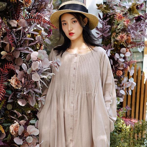 

casual dresses johnature women shirt ramie o-neck long sleeve button 2021 autumn solid color a-line vintage female, Black;gray