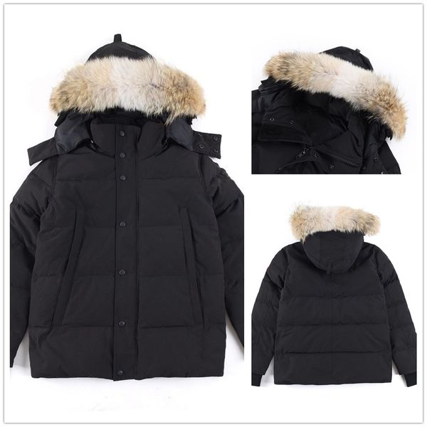 

winter outdoor leisure sports designer down jacket white duck windbreak mens parkas jackets collar hat keep warm real wolf fur skin fashion, Black