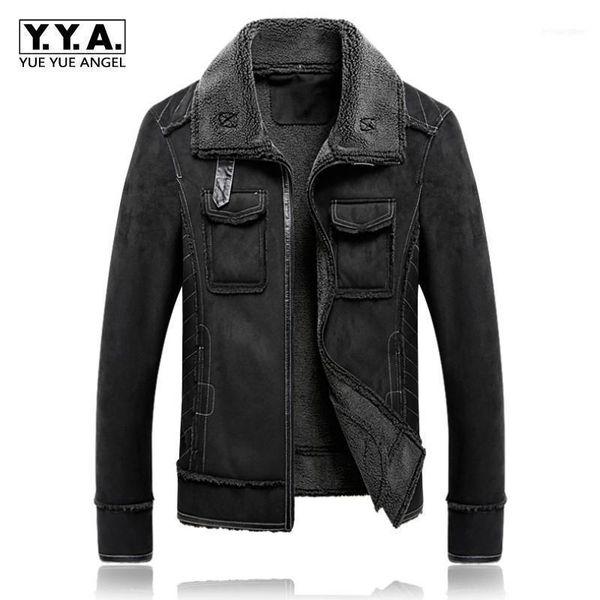 

plus size 5xl suede jacket men thick fur lining warm lapel zipper solid faux leather overcoat casual male clothes1, Black