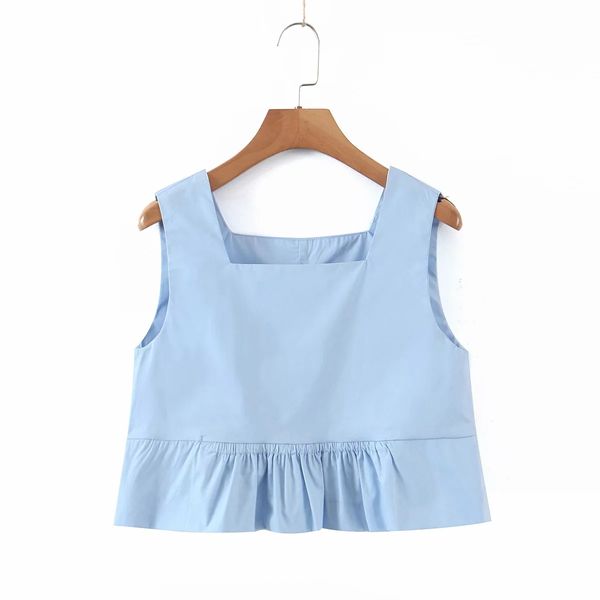 Verão azul largo cinto de ombro hem popplin curta blusa plissada moda quadrado pescoço colhido top feminino suspender colete 210521