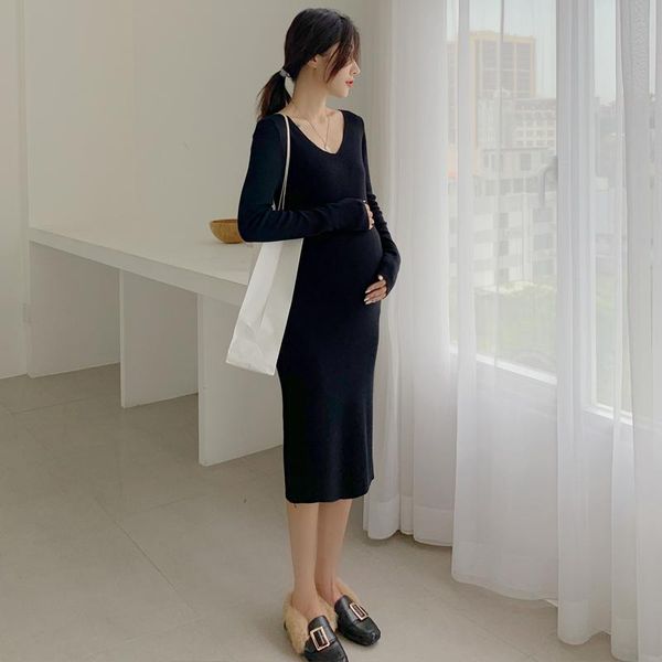 

maternity dresses 1903# autumn winter thicken warm knitted long dress v neck chic ins slim a line clothes for pregnant women pregnancy, White