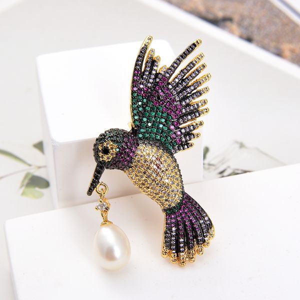 

guaiguai jewelry natural white rice pearl gold plated mixed color cz micro bird brooch handmade for women real gems stone lady fashion jewel, Gray