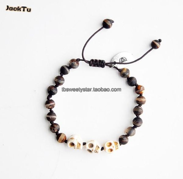 

tennis 6mm dark brown beads skull bracelet for kids, Golden;silver