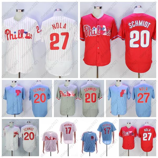 

vintage 2016 retror baseball 17 rhys hoskins jersey 20 mike schmidt 27 aaron nola pinstripe white red blue grey team stitched high quality, Blue;black