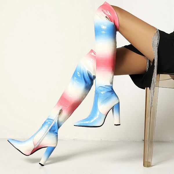 

boots thigh high over the knee for women fashion designer heels long heel luxury shoes 2021 party women's blue yellow pink, Black