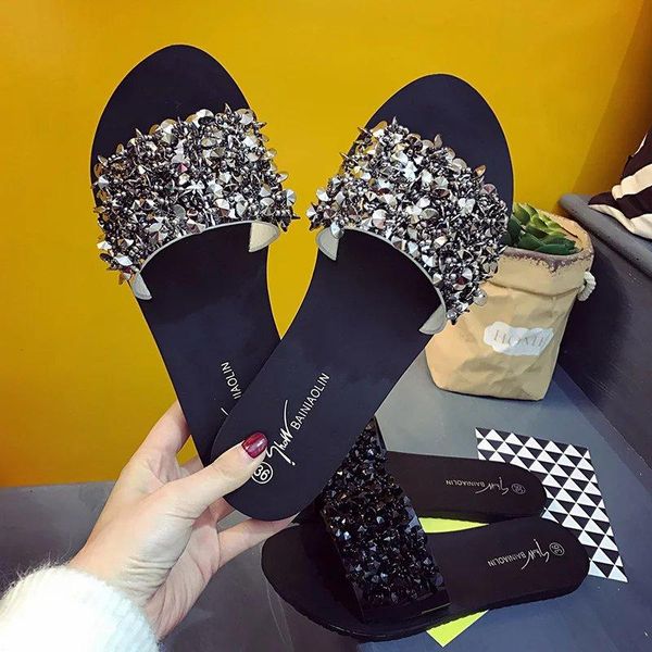 

slippers 2021 summer shoes woman rivet glitter designer platform sandals women bling flip flops beach, Black