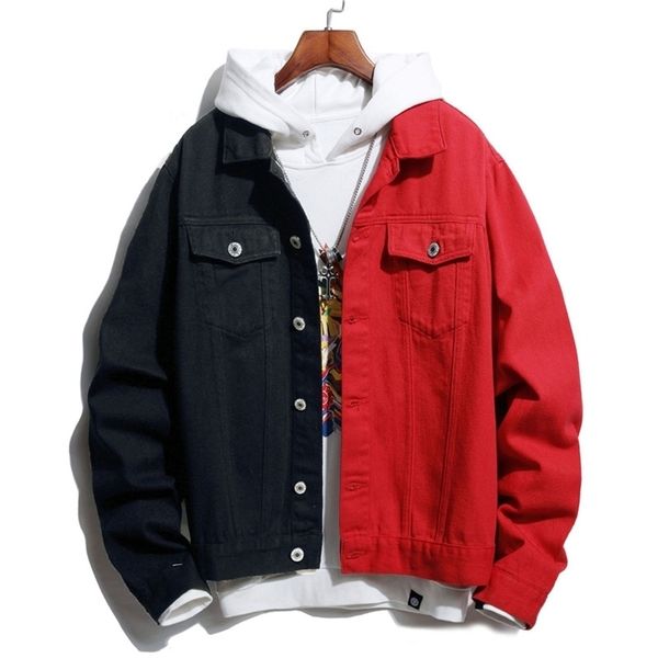 

autumn winter men denim jacket fashion self-cultivation casual two-color stitching black/red black/blue black/white jeans jacket 210818, Black;brown