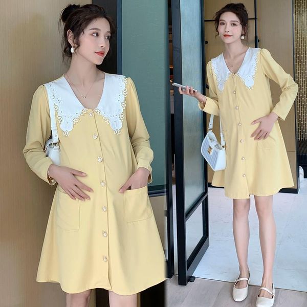 

maternity dresses 626# dress spring autumn cotton turn down collar long sleeves loose stylish for pregnant women mom, White