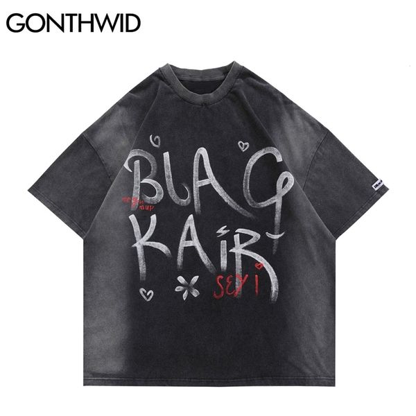 

oversized t-shirts hip hop distressed graffiti tie dye short sleeve tshirts streetwear fashion punk rock gothic 210602, White;black