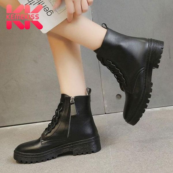 

boots kemekiss women ankle lace up flat heel shoes fashion winter autumn footwear classic size 35-40, Black