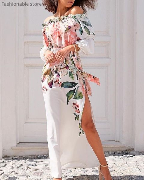 

casual dresses women off shoulder long sleeve high slit chiffon maxi dress, Black;gray