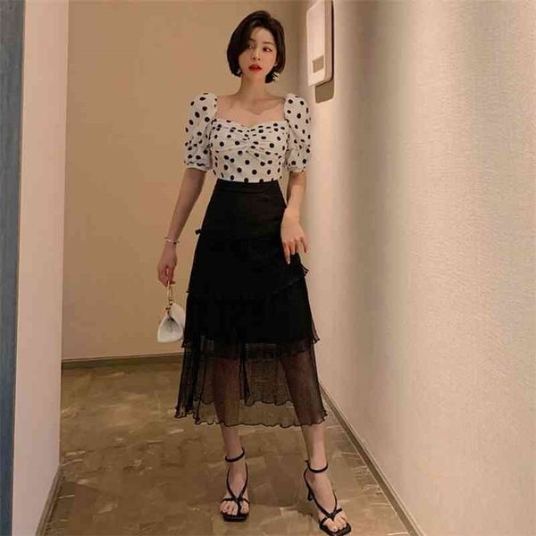 

short-sleeved two-piece skirt summer dress black and white polka dot bubble sleeve mesh splicing fashion holiday suit 210416