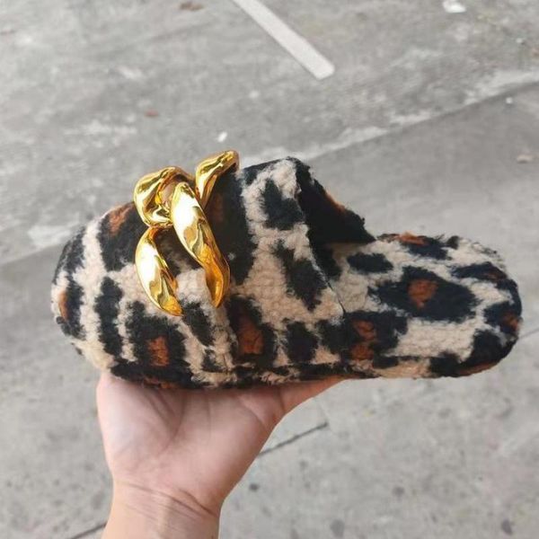 

slippers 2021 winter short wool warmth leopard print chain flat-bottom round head baotou women's home cotton, Black