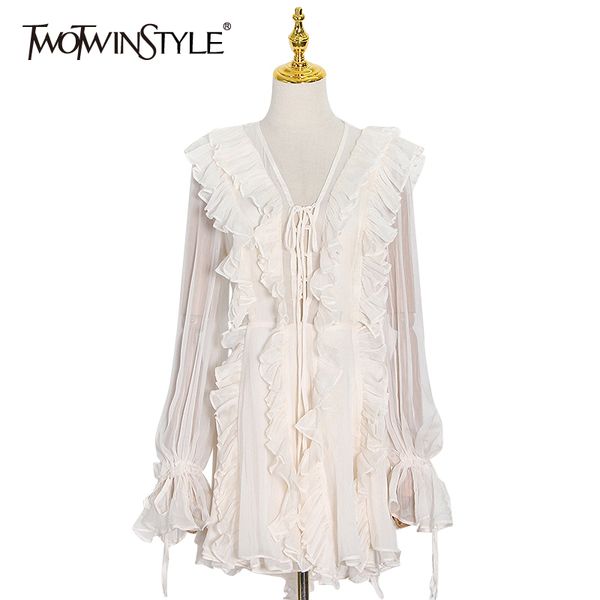 

twotwinstyle patchwork ruffle elegant dress for women v neck long sleeve high waist solid mini dresses female fashion new spring 210428, Black;gray