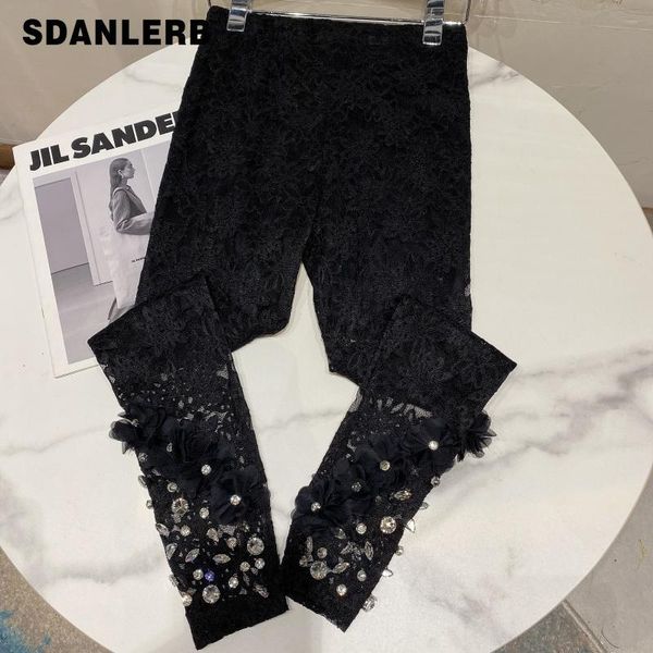 

summer thin bottom pants rhinestone petal lace crocheted anti-emptied women underpants leggings long trousers women's, Black
