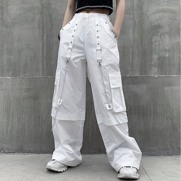 

high waist chain ring ribbon womens capri baggy cargo pocket white loose jogger pant harajuku streetwear fleece korean women goth, Black;white