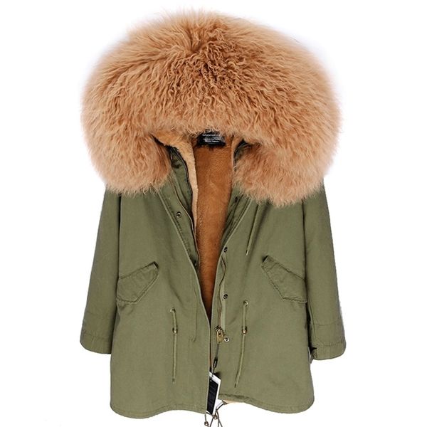 Damen-Winterparka, lange Jacke, echt dick, warm, Pelzmantel, Mongolei, Schafbesatz, Kapuze, modisch, schlank, Marke 211008