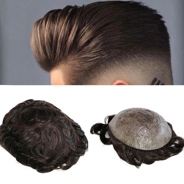 

new hair system human hair thick skin pu men toupee capillary prosthesis replacement systemhair pieces with scalloped front 8inches, Black