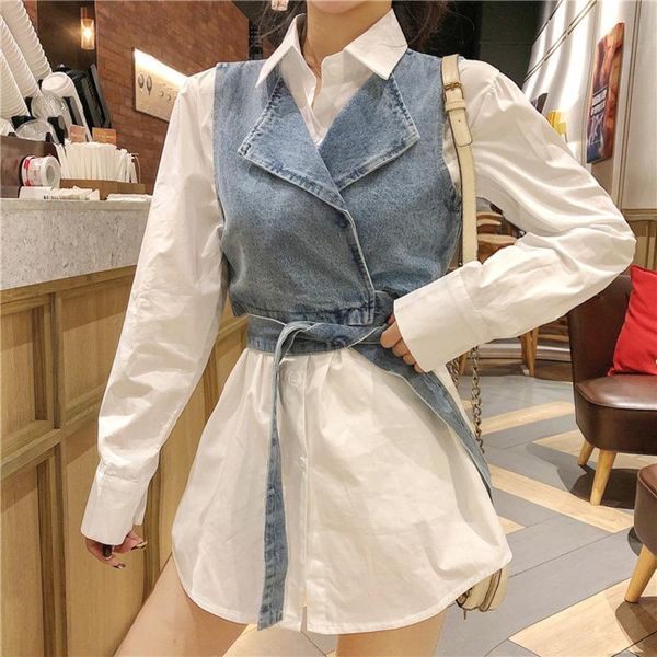 

women's tracksuits [ewq] 2021 autumn long sleeve simple casual white shirt dress all-amtch denim vest fashion two-piece female 16q568, Gray