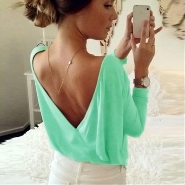 

summer fashion back open cross women shirt casual loose long sleeve backless blouses, White