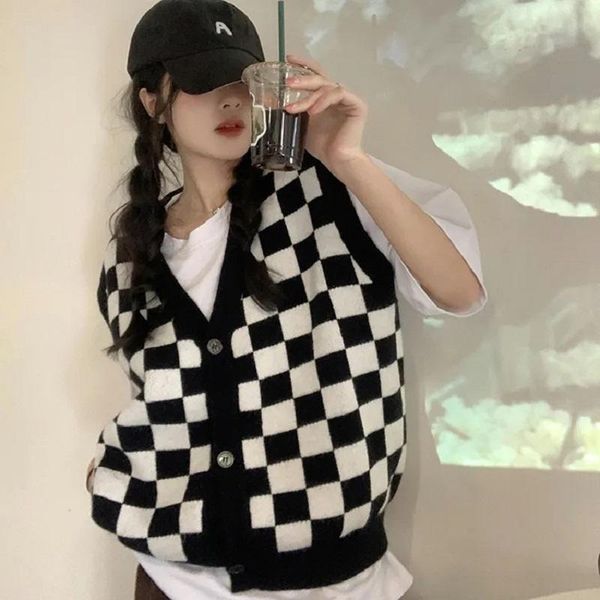 

women's hoodies & sweatshirts street checkerboard retro knit cardigan jacket v-neck check vest sweatshirt sleeveless sweet warm oversiz, Black